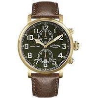 Rotary Men'S Heritage Pilot 100M Water Resistance Gold Stainless Steel Brown Leather Strap Watch