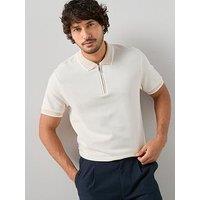The Very Collection Pure Cotton Popcorn Zip Neck Polo- Ecru