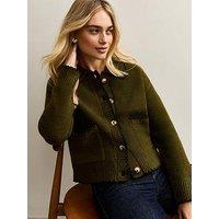 New Look Blanket Stitch Collared Cardigan - Khaki Green