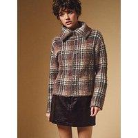 New Look Fluffy Check Zip Cardigan - Brown