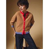 New Look Colour Block Cardigan - Camel/Red And Blue Trim
