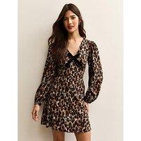 New Look Brown Animal Print Velvet Bow Mini Dresss