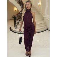 Ax Paris Diamante Embellished Ruched Skirt Midi Dress - Purple