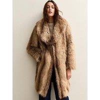 New Look Brown Faux Fur Shawl Collar Mid Coat