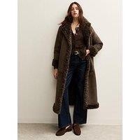 New Look Bonded Faux Fur Trimmed Faux Suede Coat - Brown