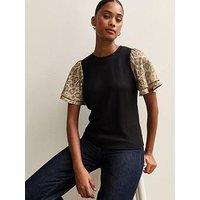 New Look Black Soft Touch Animal Print Foil Flutter Sleeve Top