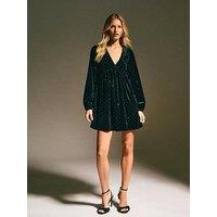 New Look Black Velvet Diamante Studded V-Neck Smock Mini Dress