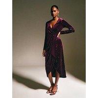 New Look Dark Burgundy Velvet Diamante Embellished Wrap Midi Dress