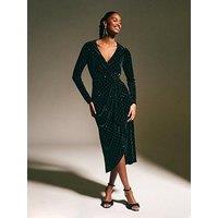 New Look Black Velvet Diamante Embellished Wrap Midi Dress