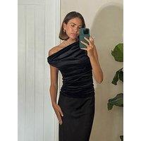 Style Cheat Velvet Assymetric One Shoulder Top - Black