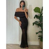 Style Cheat Mesh Bardot Cinched Midi Dress - Brown