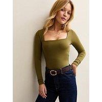 New Look Slinky Jersey Square Neck Long Sleeve Bodysuit - Green