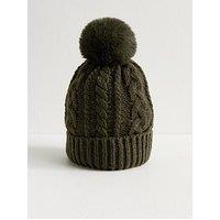 New Look Khaki Cable Knit Faux Fur Pom Bobble Beanie