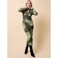 Little Mistress Khaki Print Keyhole Midaxi Dress - Green