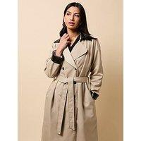 Little Mistress Camel Pu Contrast Trim Trench Coat - Brown