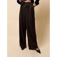 Little Mistress Chocolate Animal Texture Satin Wide Leg Trousers - Brown