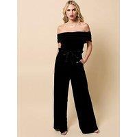 Little Mistress Velvet Bow Detail Bardot Jumpsuit - Black