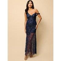 Little Mistress Asymmetric Embellished Maxi Dress - Navy
