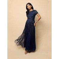Little Mistress Short Sleeve Embellished Maxi Dress - Navy