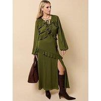 Little Mistress Khaki Chiffon Ruffle Maxi Dress - Green