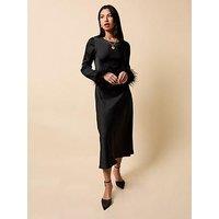 Little Mistress Satin Feather Trim Sleeve Midaxi Dress - Black