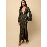 Little Mistress Olive Wrap Embellished Maxi Dress - Green
