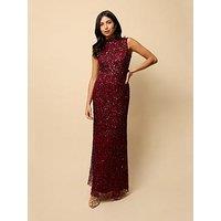 Little Mistress High Neck Open Back Embellished Maxi Dress - Red