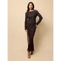 Little Mistress Long Sleeve Open Back Embellished Maxi Dress - Brown