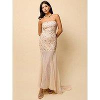 Little Mistress Mesh Train Embellished Maxi Dress - Nude