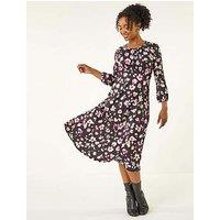 Roman Petite Floral Gathered Midi Dress - Black