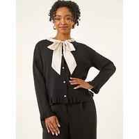 Roman Petite Tie Neck Frill Hem Cardigan - Black