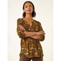 Roman Textured Floral Pintuck Tunic Top - Yellow