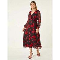 Roman Floral Frill Chiffon Midi Dress - Red