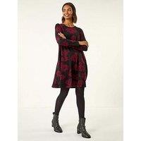 Roman Floral Print Stretch Swing Dress - Black