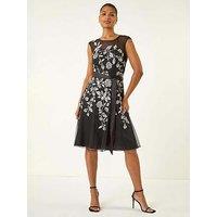 Roman Embroidered Tie Waist Midi Dress - Black