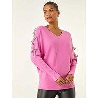 Roman Bow Sleeve V-Neck Knit Poncho - Pink