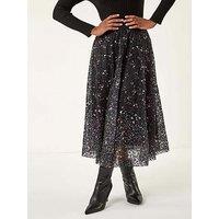 Roman Printed Lace Overlay Skirt - Black