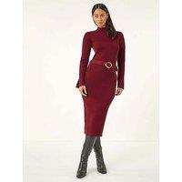Roman Dusk Knitted Buckle Midi Dress - Red