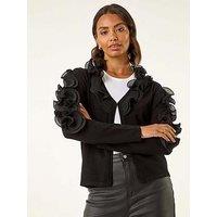 Roman Ruffle Contrast Knit Cardigan - Black