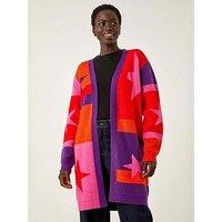 Roman Star Print Longline Stretch Cardigan - Purple
