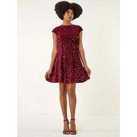 Roman Sequin Bow Back Flare Dress - Red