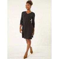 Roman V-Neck Buttoned Stretch Dress - Black