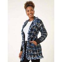 Roman Checkered Fringe Knit Cardigan - Navy