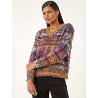 Roman Textured Stripe V-Neck Knit Jumper - Purple