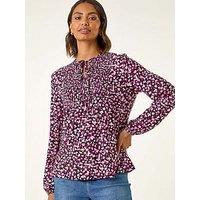 Roman Printed Shirred Tie Neck Top - Pink