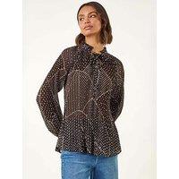 Roman Spot Print Tie Neck Pleated Top - Black
