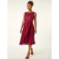 Roman Sequin Bodice Belted Chiffon Dress - Red
