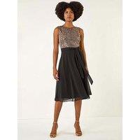 Roman Sequin Bodice Belted Chiffon Dress - Gold