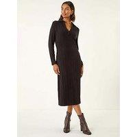 Roman Collar Ribbed Knit Mid Dress - Black