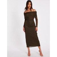 Quiz Khaki Mesh Bardot Ruched Midi Dress
